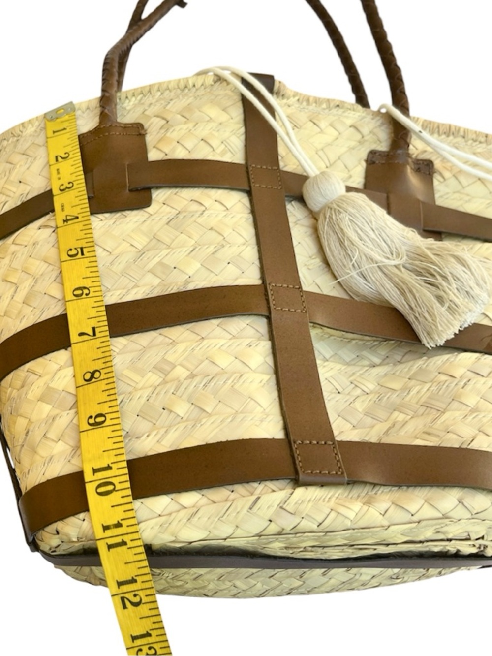 J.Jill Woven Straw Basket Tote Bag Brown Leather Trim Large Tassel Accents - Picture 5 of 8